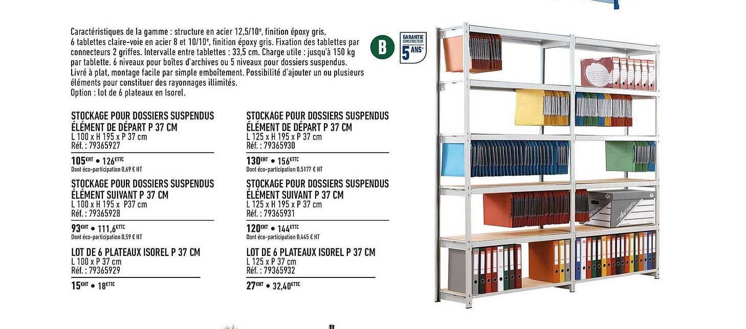 stockage pour dossiers suspendus élément de départ, stockage pour dossiers suspendus élément suivant, lot de 6 plateaux isorel