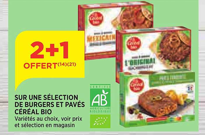 une sélection de burgers et pavés céréal bio