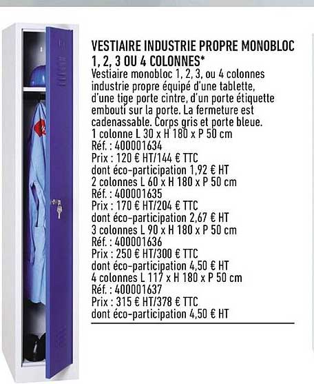 vestiaire industrie propre monobloc 1, 2, 3 ou 4 colonnes