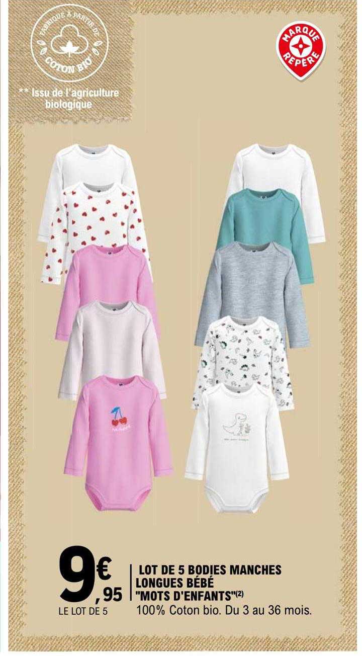 lot de 5 bodies manches longues bébé "mots d'enfants"