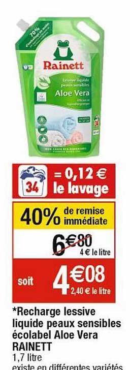 Recharge Lessive Liquide Peaux Sensibles écolabel Aloe Vera Rainett