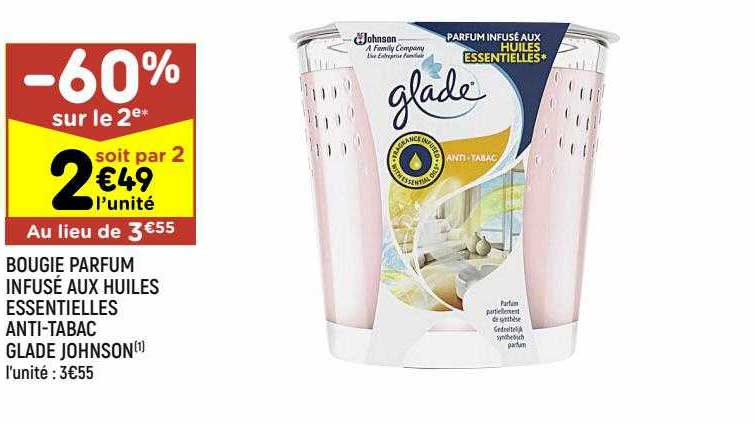bougie parfum infusé aux huiles essentielles anti-tabac glade johnson
