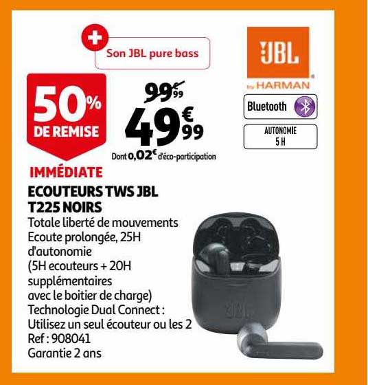 écouteurs tws jbl t225 noirs