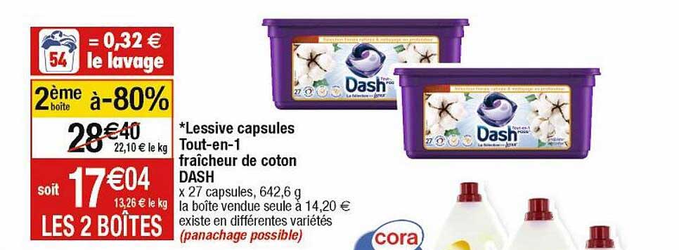 lessive capsules tout-en-1 fraîcheur de coton dash