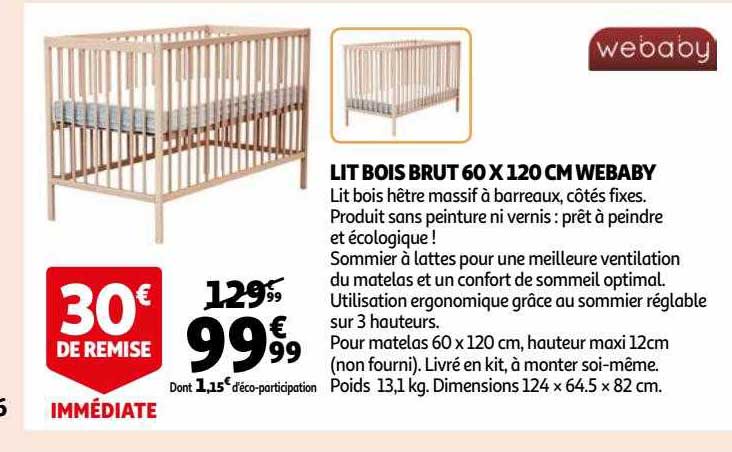Lit Bois Brut 60 X 120 Cm Webaby