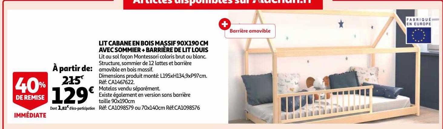 lit cabane en bois massif 90 x 190 cm avec sommier + barrière de lit louis
