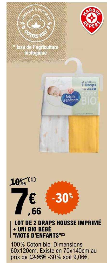 lot de 2 draps housse imprimé + uni bio bébé "mots d'enfants"