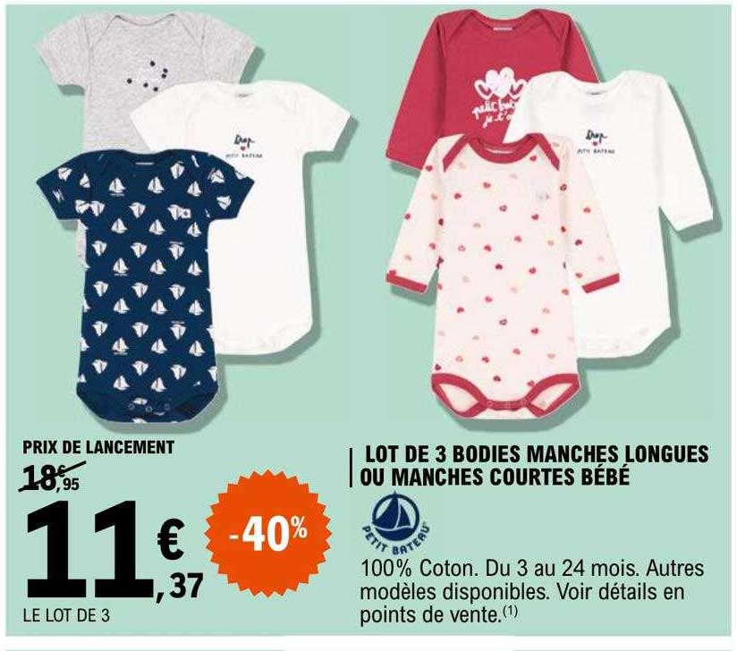 lot de 3 bodies manches longues ou manches courtes bébé petit bateau