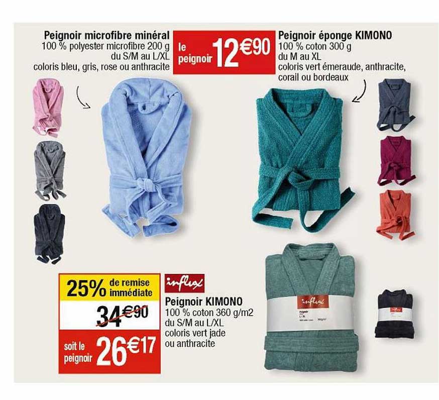 peignoir microfibre minéral, peignoir éponge kimono, peignoir kimono influx