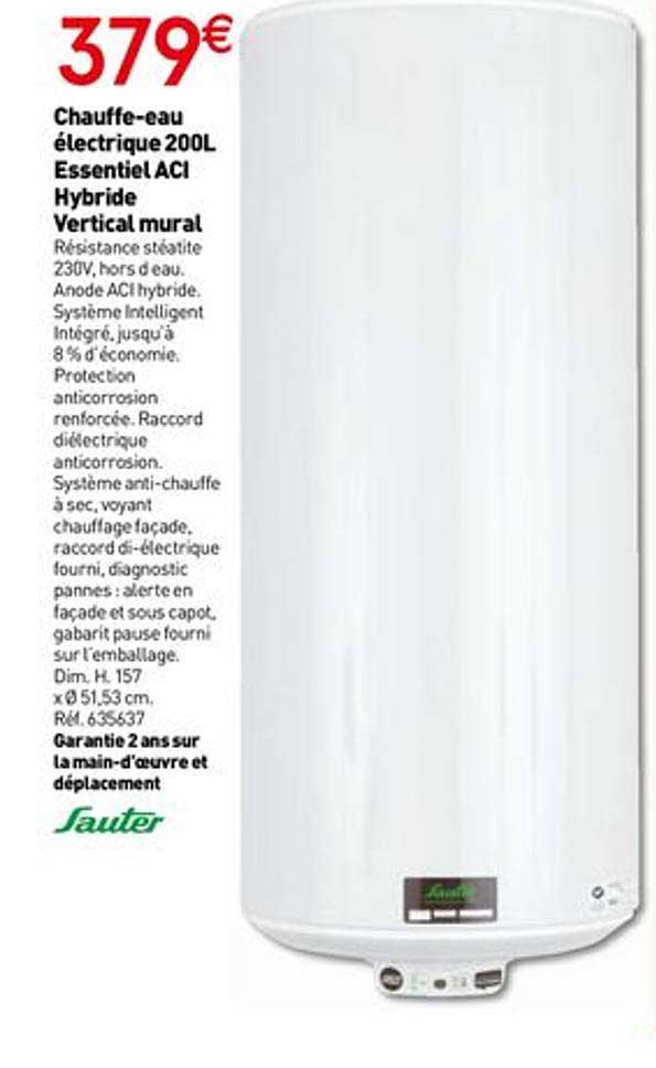 chauffe-eau électrique 200 l essentiel aci hybride vertical mural sauter