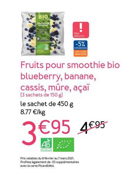 fruits pour smoothie bio blueberry, banane, cassis, mûre, açaï