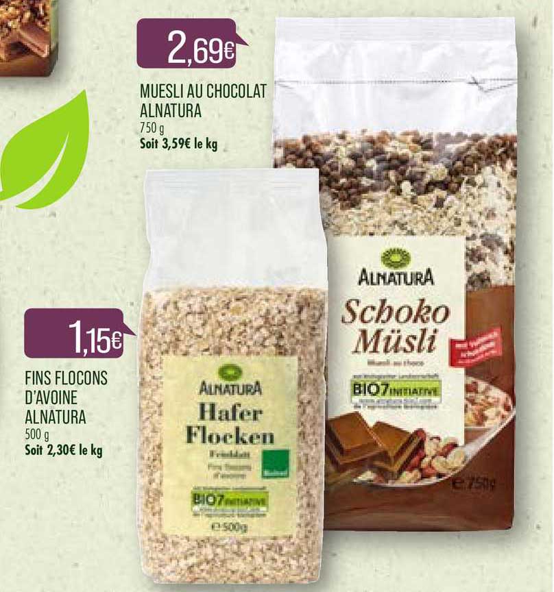 muesli au chocolat alnatura, fins flocons d'avoine alnatura