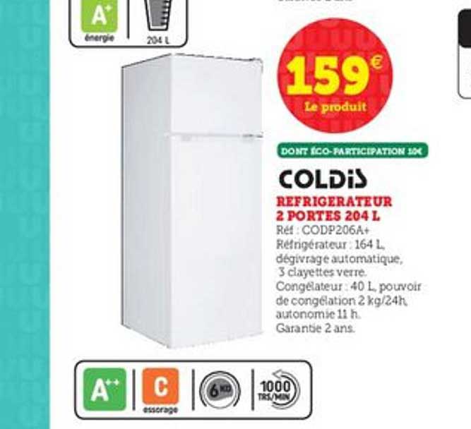 réfrigérateur 2 portes 204 l coldis