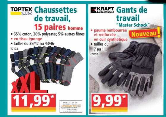 chaussettes de travail, 15 paires homme toptex pro, gants de travail "master schock" kraft werkzeuge