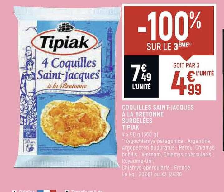 coquilles saint-jacques à la bretonne surgelées tipiak -100% sur le 3ème