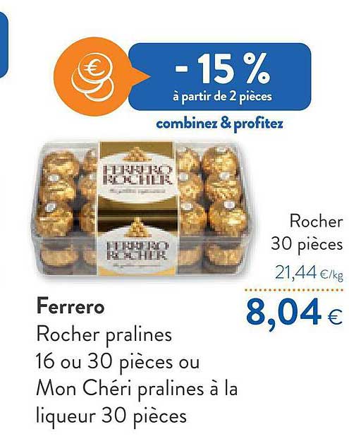 ferrero rocher pralines 16 ou 30 pièces ou mon chéri pralines à la liqueur 30 pièces