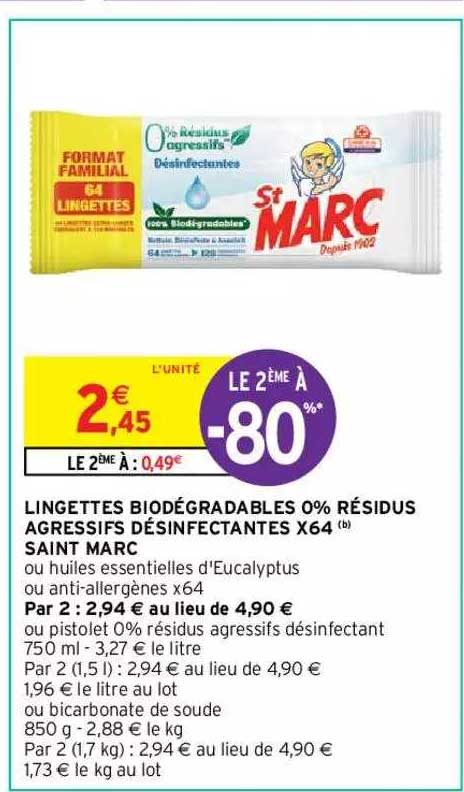 lingettes biodégradables 0% résidus agressifs désinfectantes x64 saint marc