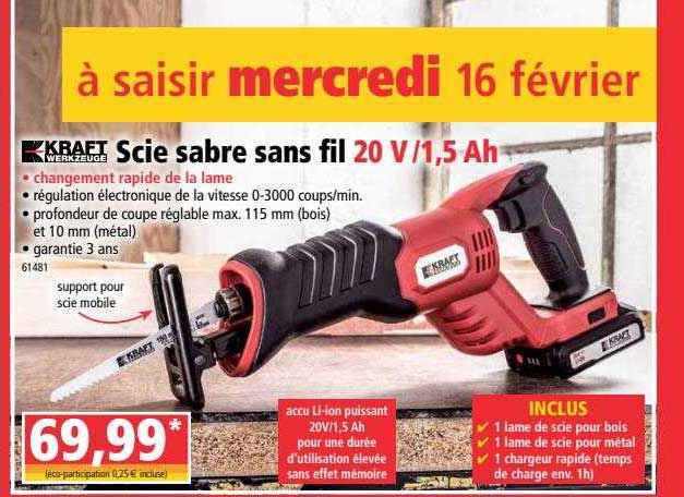 scie sabre sans fil 20v-1,5 ah kraft werkzeuge