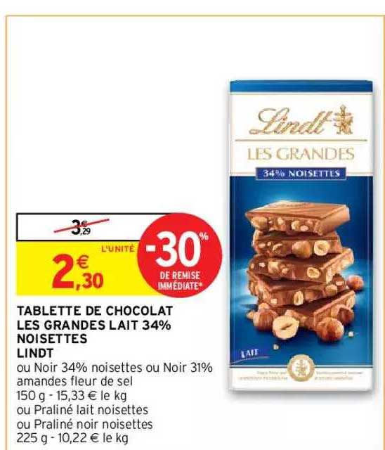 tablette de chocolat les grandes lait 34% noisettes lindt