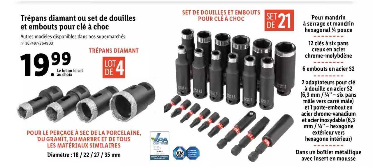 trépans diamant ou set de douilles et embouts pour clé à choc