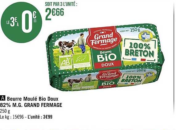 beurre moulé bio doux 82% m.g. grand fermage