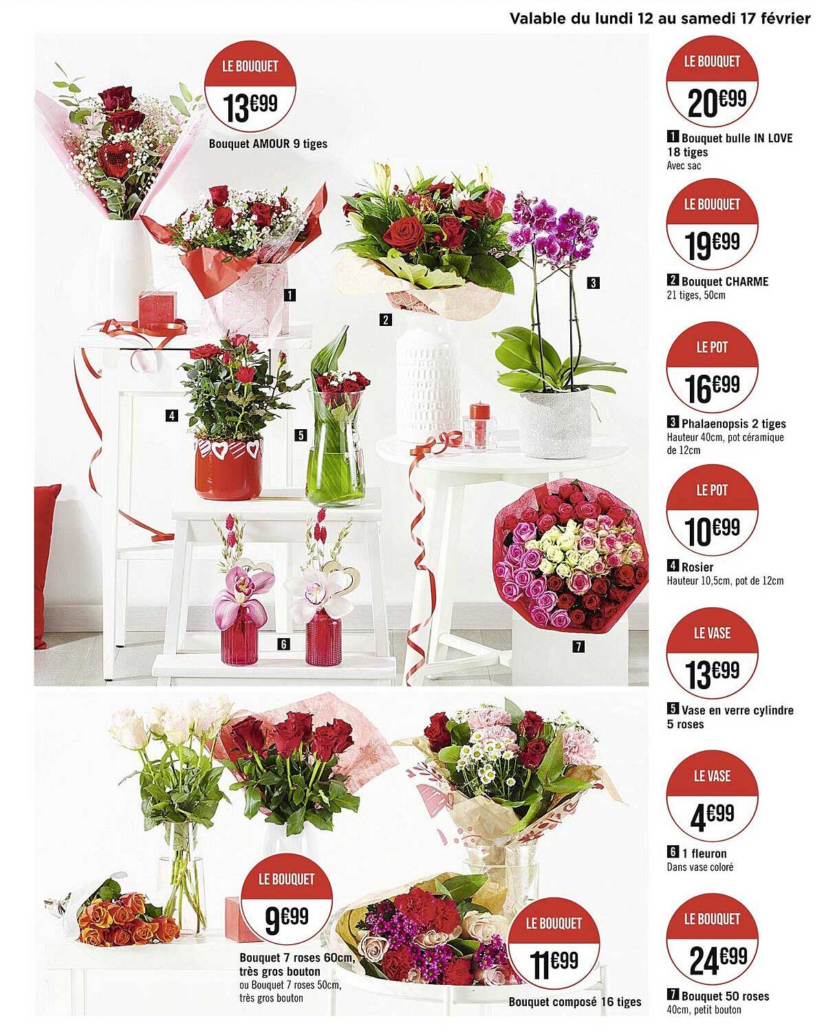 Bouquet Amour 9 Tiges, Bouquet 7 Roses 60cm, Bouquet Composé 16 Tiges, Bouquet 50 Roses, 1 Fleuron, Vase En Verre Cylindre 5 Roses, Rosier, Phalaenopsis 2 Tiges, Bouquet Charme, Bouquet Bulle In Love