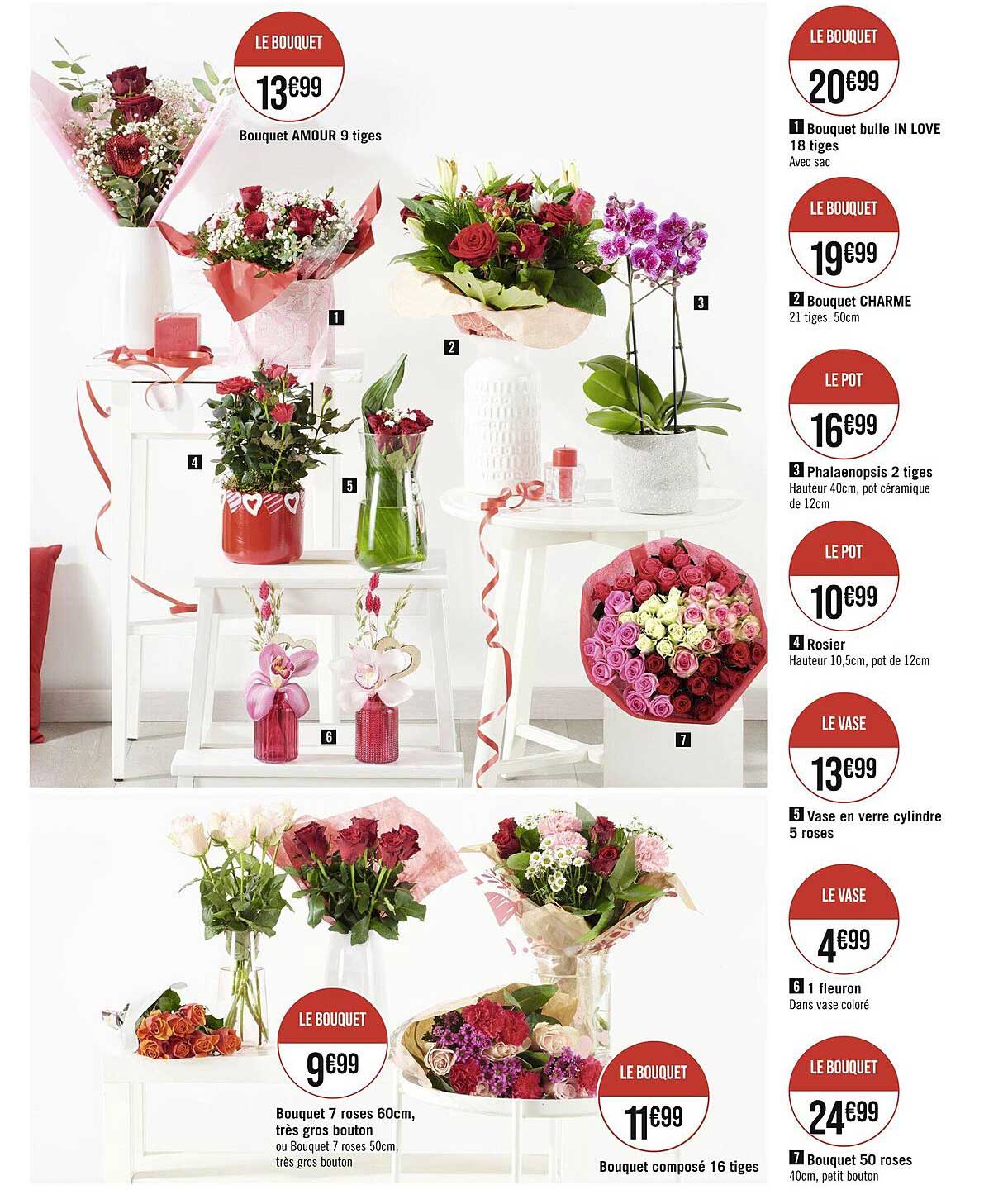 bouquet amour 9 tiges, bouquet bulle in love 18 tiges, bouquet charme, phalaenopsis 2 tiges, rosier, vase en verre cylindre 5 roses, 1 fleuron, bouquet 50 roses, bouquet composé 16 tiges