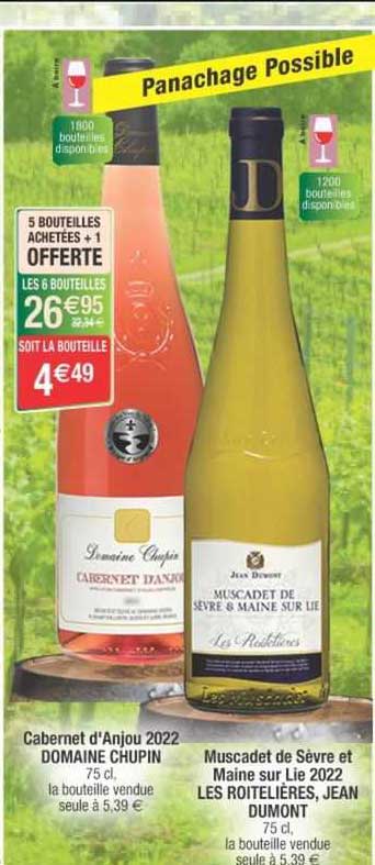 cabernet d'anjou 2022 domaine chupin, muscadet de sèvre et maine sur lie 2022 les roitelières, jean dumont