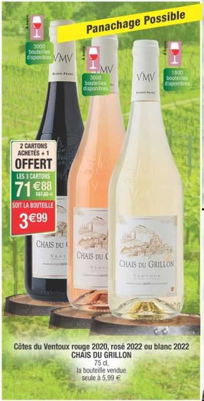 côtes du ventoux rouge 2020, rosé 2022 ou blanc 2022 chais du grillon