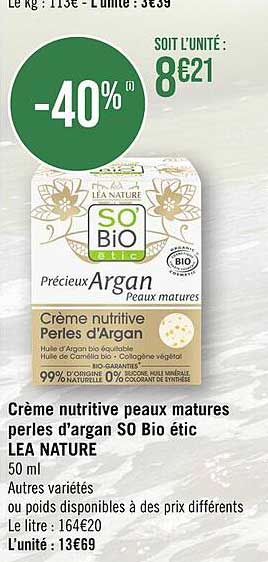 crème nutritive peaux matures perles d'argan so bio étic léa nature