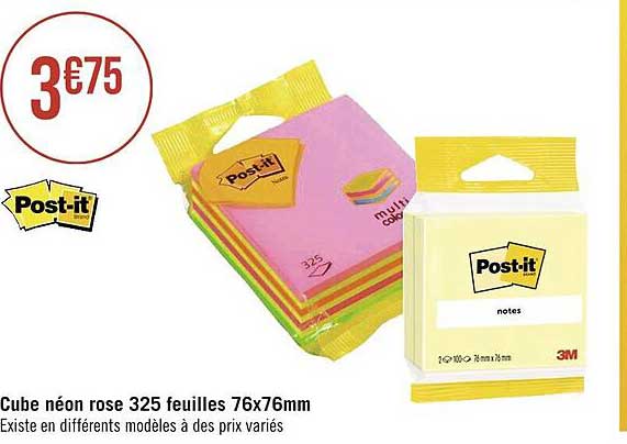 cube néon rose 325 feuilles 76 x 76 mm post-it