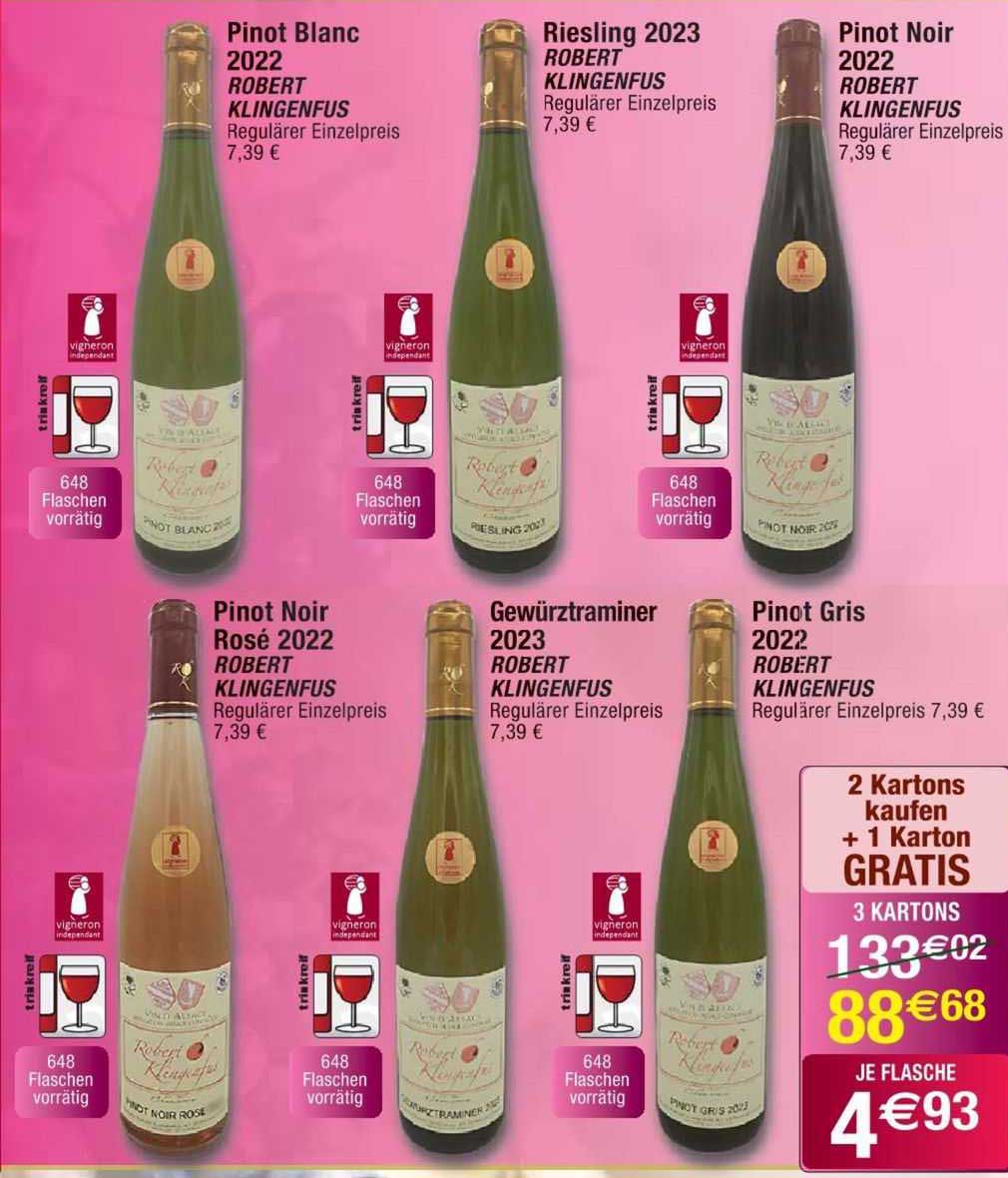 pinot blanc 2022 robert klingenfus, riesling 2023 robert klingenfus, pinot noir 2022 robert klingenfus, pinot noir rosé 2022 robert klingenfus, gewürztraminer 2023 robert klingenfus, pinot gris 2022