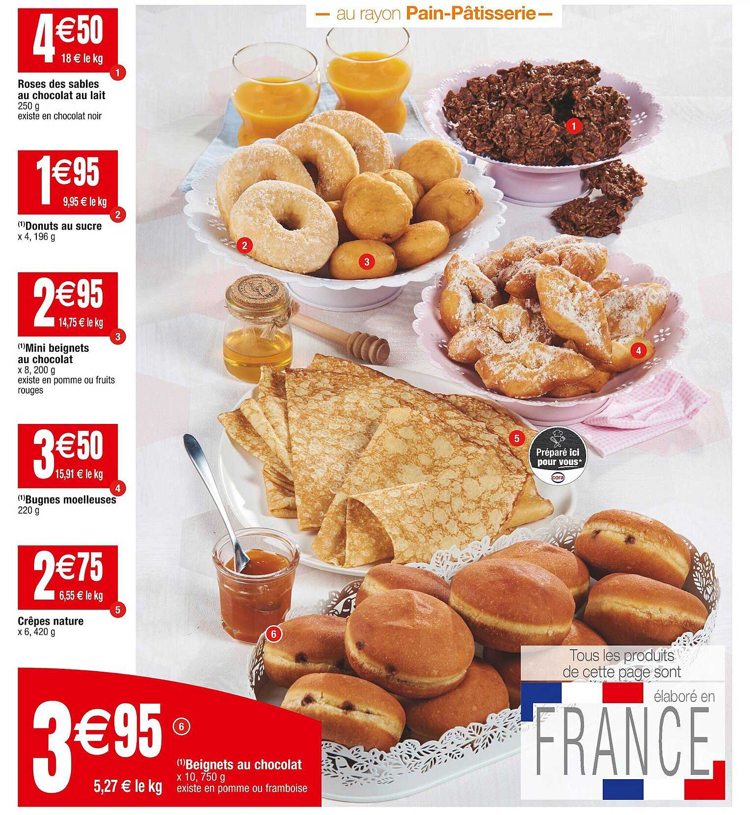 roses des sables au chocolat au lait, donuts au sucre, mini beignets au chocolat, bugnes moelleuses, crêpes nature