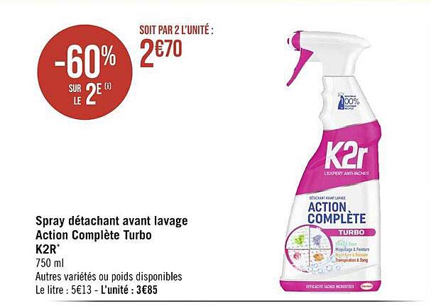 spray détachant avant lavage action complète turbo k2r