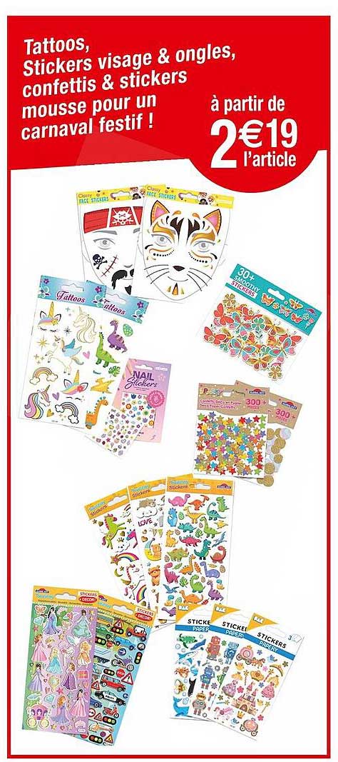 tattoos, stickers visage & ongles, confettis & stickers mousse pour un carnaval festif