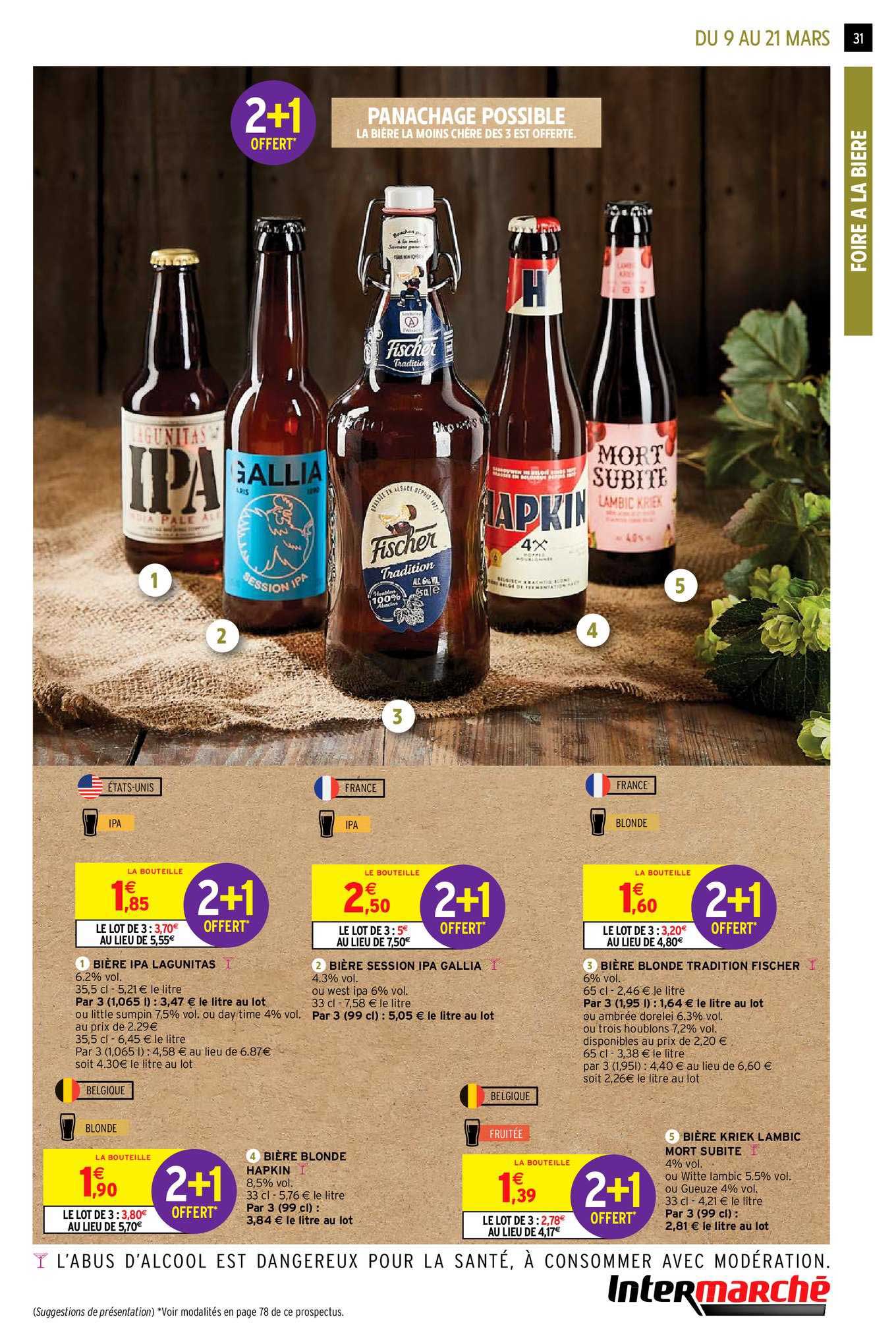 Bière Ipa Lagunitas, Bière Session Ipa Gallia, Bière Blonde Tradition Fischer, Bière Blonde Hapkin, Bière Kriek Lambic Mort Subite,