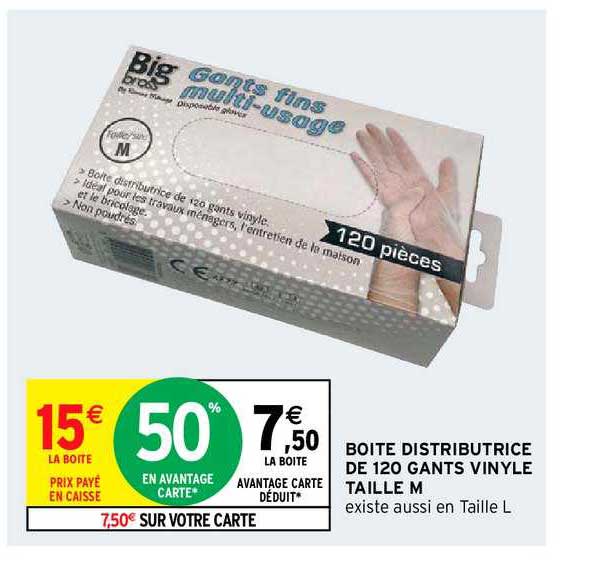 boîte distributrice de 120 gants vinyle taille m