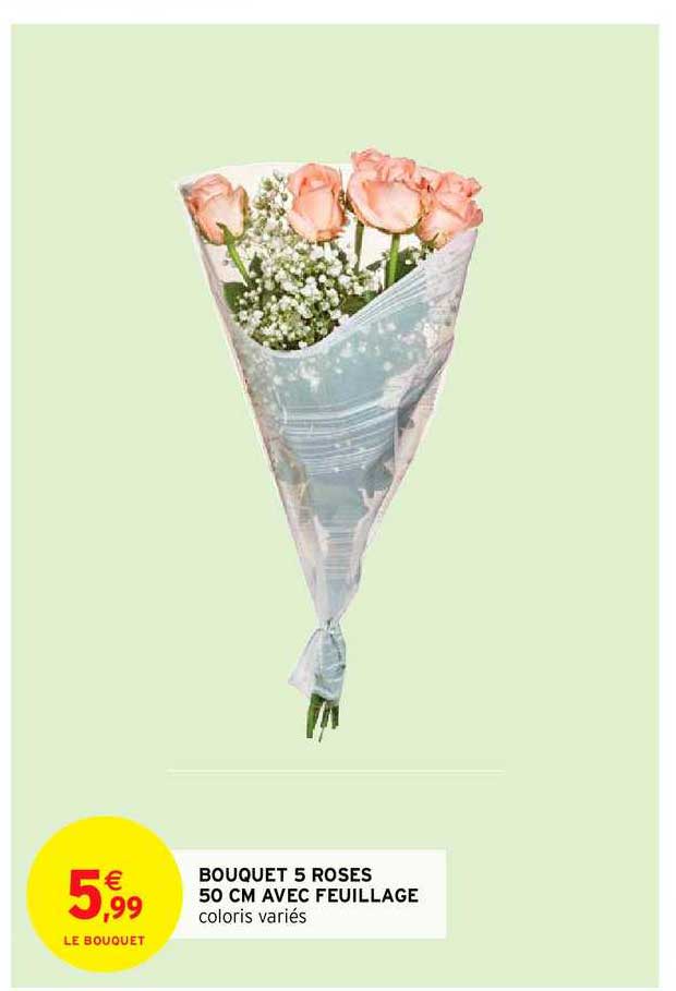 Bouquet 5 Roses 50 Cm Avec Feuillage