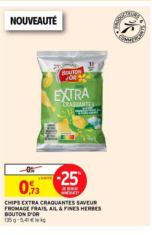 Chips Extra Craquantes Saveur Fromage Frais, Ail & Fines Herbes Bouton D'or