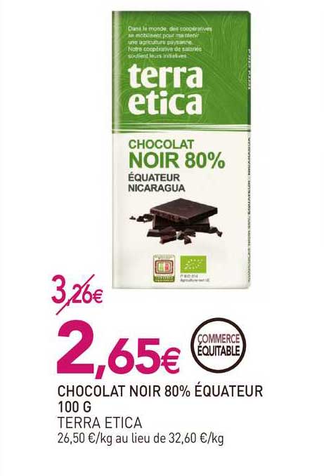 chocolat noir 80% équateur 100g terra etica