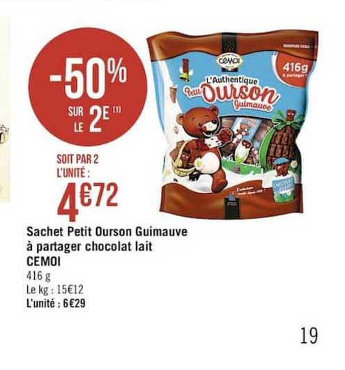sachet petit ourson guimauve à partager chocolat lait cémoi