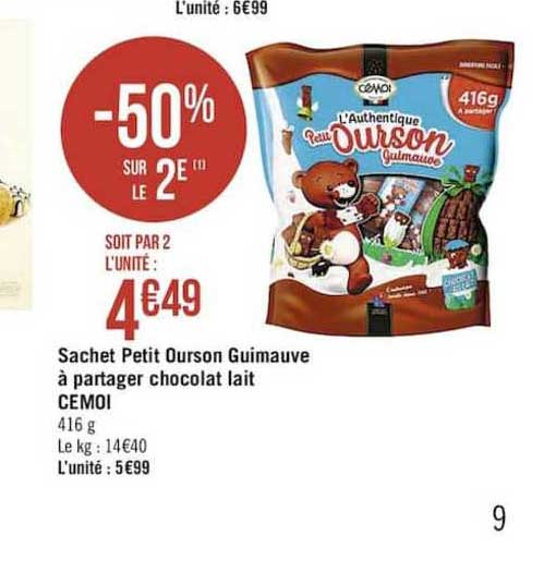 sachet petit ourson guimauve à partager chocolat lait cémoi