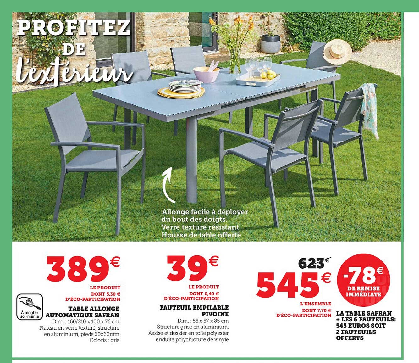 table allongé automatique safran, fauteuil empilable pivoine, la table safran + les 6 fauteuils