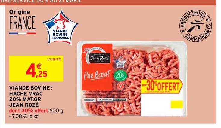 viande bovine : haché vrac 20% mat. gr jean rozé