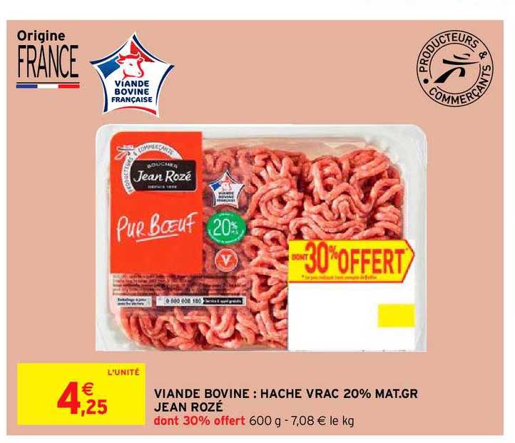 viande bovine : haché vrac 20% mat.gr jean rozé