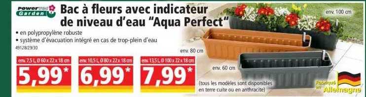 bac à fleurs avec indicateur de niveau d'eau "aqua perfect" powertec garden