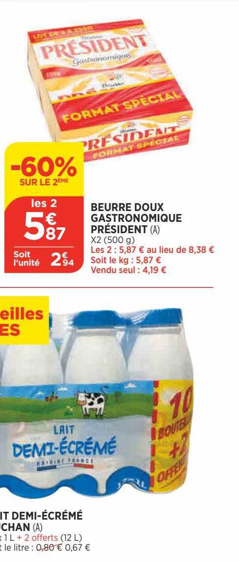 beurre doux gastronomique président, lait demi-écrémé
