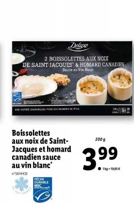 boissolettes aux noix de saint-jacques et homard canadien sauce au vin blanc