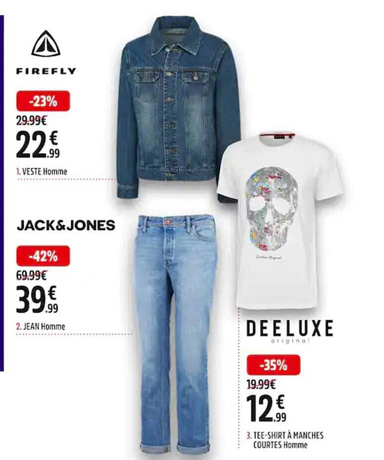 veste hemme firefly, jean homme jack&jones, tee-shirt à manches courtes homme deeluxe