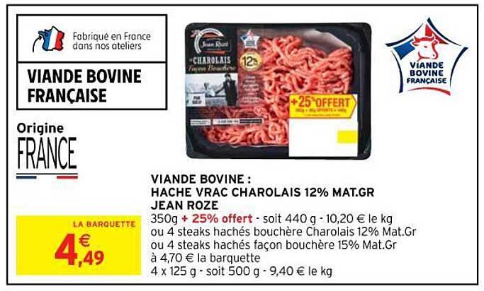 viande bovine : haché vrac charolais 12% mat. gr. rean rozé